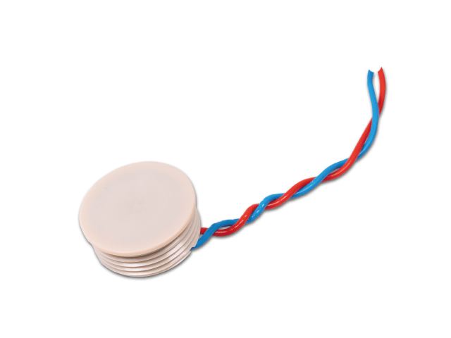 CTS Piezoelectric Sensors with blue and red wires twisted together on white background