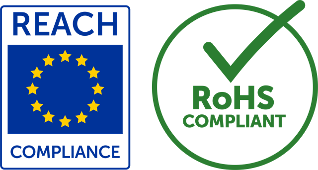 Image of REACH and RoHS Compliance logos; Blue Square with a circle of yellow stars stating REACH Compliance and a Green circle with a green check mark stating RoHS Compliant