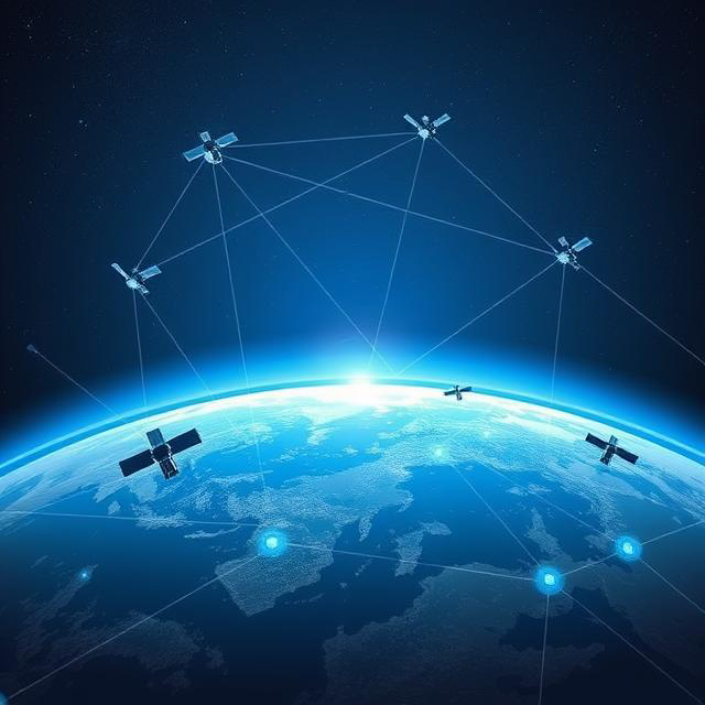 Image of earth and satellites connected in the sky