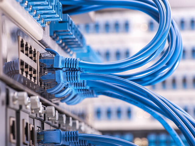 Communications equipment with blue wires connected