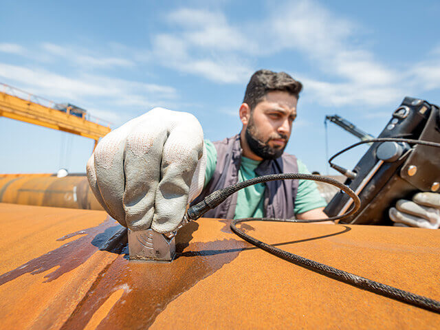 Man using ultrasound equipment to test inside large oil pipes