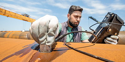 Man using ultrasound equipment to test inside large oil pipes