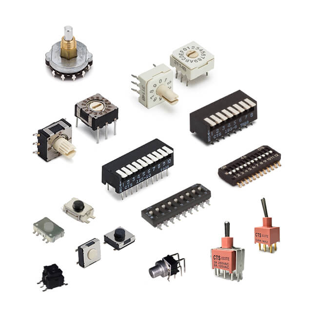 CTS DIP, Rotary, Tactile and toggle switch assortment on white background