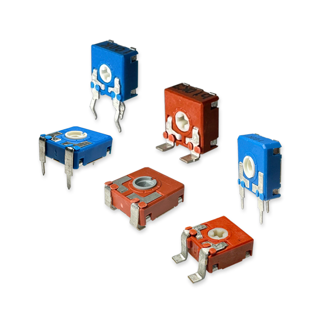 Trimmer potentiometers in red and blue on transparent background