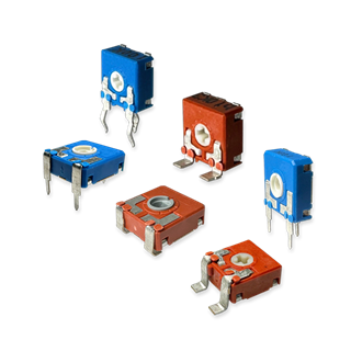 Trimmer potentiometers in red and blue on transparent background